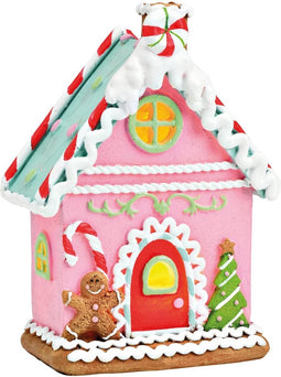 Peperkoekhuisje met LED - Handgemaakt - Poly - Roze - 11 x 16 x 6 cm
