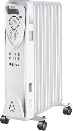 Perel 2000W olieradiator met 9 ribben, 3 warmtestanden, instelbare thermostaat, handvat, wielen en kabelhouder, oververhittings- en kantelbeveiliging, mobiele, stille en energiezuinige bijverwarming voor kamers tot 25 m², wit