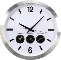 Perel Analoge wereldklok met 3 tijdzones, muurmodel met automatische zomer/wintertijd omschakeling, exclusief batterijen