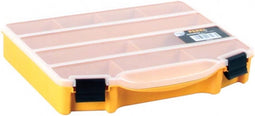 Perel assortimentsdoos, 10 vaste compartimenten, transparant deksel, stapelbaar, 251 x 200 x 44 mm, geel/zwart