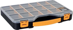 Perel assortimentsdoos, max. 20 compartimenten, 16 tussenschotten, transparant deksel, stapelbaar, 326 x 257 x 48 mm, geel/zwart