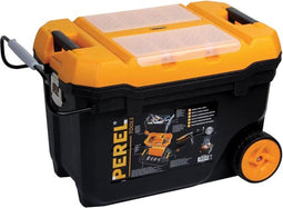 Perel Gereedschapskoffer op wielen, polypropyleen, met verwijderbare inlegbak, metalen sluitingen, V-groef en 2 organizers in het deksel, telescopische handgreep, rubberwielen, zwart/geel, 595 x 420 x 370 mm