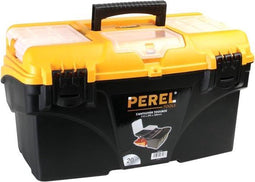 Perel Gereedschapskoffer, polypropyleen, met uitschuifsysteem, 1 vaste en 2 uitneembare organizers in het deksel, inklapbaar handvat, kunststof sluitingen, zwart/geel, 510 x 290 x 280 mm