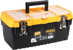 Perel Gereedschapskoffer, polypropyleen, met verwijderbare inlegbak, 3 organizers in het deksel, inklapbaar handvat en metalen sluitingen, zwart/geel, 413 x 212 x 186 mm