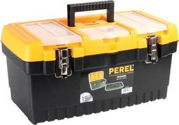 Perel Gereedschapskoffer, polypropyleen, met verwijderbare inlegbak, 3 organizers in het deksel, inklapbaar handvat en metalen sluitingen, zwart/geel, 486 x 267 x 242 mm