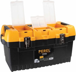 Perel Gereedschapskoffer, polypropyleen, met verwijderbare inlegbak, 3 organizers in het deksel, inklapbaar handvat en metalen sluitingen, zwart/geel, 564 x 310 x 310 mm
