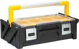 Perel Gereedschapsorganizer, polypropyleen, 2 niveaus, met aluminium handgreep, uitschuifsysteem, kantelbeveiliging, 18 inzetbakjes, metalen sluitingen, zwart/geel, 455 x 240 x 140 mm