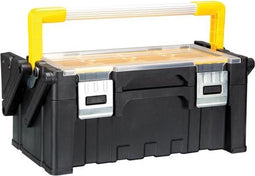 Perel Gereedschapsorganizer, polypropyleen, 2 niveaus, met aluminium handgreep, uitschuifsysteem, kantelbeveiliging, 12 inzetbakjes, metalen sluitingen, zwart/geel, 455 x 240 x 200 mm