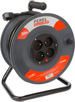 Perel Kabelhaspel, gebruik binnenshuis, 4 stopcontacten met penaarde, thermische beveiliging, kabellengte 50 m, 3G1.5, grijs