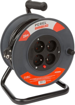Perel Kabelhaspel, gebruik binnenshuis, 4 stopcontacten met penaarde, thermische beveiliging, kabellengte 25 m, 3G1.5, grijs