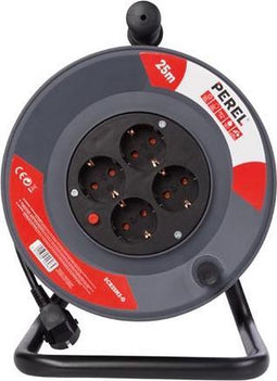 Perel Kabelhaspel, gebruik binnenshuis, 4 stopcontacten met randaarde, thermische beveiliging, kabellengte 25 m, 3G1.5, grijs