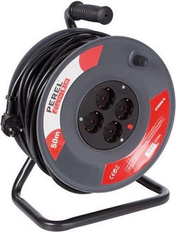 Perel Kabelhaspel, gebruik binnenshuis, 4 stopcontacten met randaarde, thermische beveiliging, kabellengte 50 m, 3G1.5, grijs