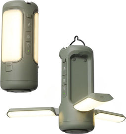 Perel Krachtige campinglamp met bluetooth speaker en 6000 mAh powerbank, voor kamperen, wandelen en noodgevallen, draagbare noodlamp met haak, oplaadbaar via USB-kabel