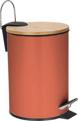 Perel metalen pedaalemmer met bamboe deksel, uitneembare emmer, handgreep en antislippedaal, roestvrijstalen behuizing, ideaal voor thuis en op kantoor, inhoud 3 liter, ideaal voor thuis en op kantoor, rond Ø 17 x 24.5 cm, terracotta