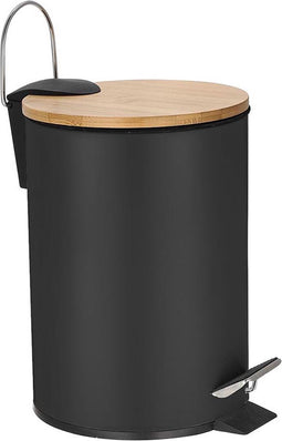 Perel metalen pedaalemmer met bamboe deksel, uitneembare emmer, handgreep en antislippedaal, roestvrijstalen behuizing, ideaal voor thuis en op kantoor, inhoud 3 liter, rond Ø 17 x 24.5 cm, blauw