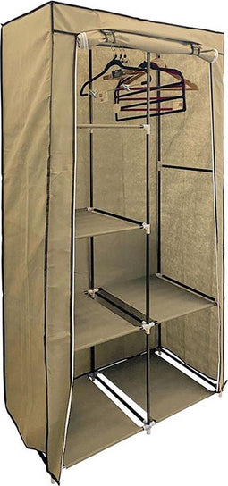 Perel Opbergkast met verwijderbare kledingstang, 4 kleine en 2 grote planken, metalen frame, oprolbare hoes met klittenband en rits, 89 x 44,5 x 169 cm, bruin/zwart