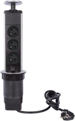 Perel Pop-upstekkerdoos, 3 stopcontacten met penaarde (type E), montagegat 71 mm, gebruik binnenshuis, zwart/grijs