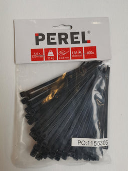 Perel Set nylon kabelbinders 4.6 x 120 mm, Zwart, UV-bestendig, 100 stuks