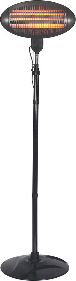 Perel Staande terrasverwarmer, 2000 W, quartz, met trekschakelaar, kantelbeveiliging, 3 warmteniveaus, in hoogte verstelbaar, plensdicht, metaal, zwart