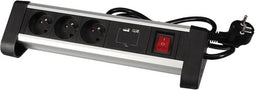 Perel Stekkerdoos met schakelaar, 3 stopcontacten met penaarde (type E), 2 USB-poorten, kabel 1.4 m, 3G1.5, gebruik binnenshuis, zwart/grijs
