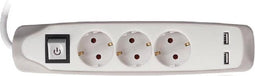 Perel Stekkerdoos met schakelaar, 3 stopcontacten met randaarde (Schuko, type F), 2 USB-poorten, kabel 1.5 m, 3G1.5, gebruik binnenshuis, wit