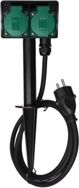 Perel Stekkerdoos voor buiten, aardspies, 2 stopcontacten met penaarde (type E), 2 klapdeksel, kabel 1.5 m, 3G1.5, IP44, zwart/groen
