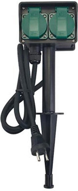 Perel Stekkerdoos voor buiten, aardspies, 2 stopcontacten met randaarde (type F), 2 klapdeksel, kabel 1.5 m, 3G1.5, IP44, zwart/groen