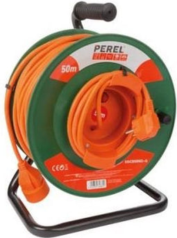Perel Verlengkabel op haspel, gebruik binnenshuis, randaarde, thermische beveiliging, kabellengte 50 m, 3G1.5, oranje/groen