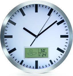 Perel Wandklok, rond, analoog, 25 cm, lcd-scherm met thermometer, hygrometer en weersvoorspelling, aluminium, zilver