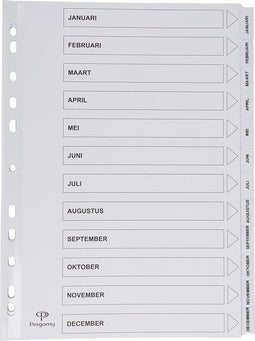 Pergamy tabbladen met indexblad, ft A4, 11-gaatsperforatie, januari-december