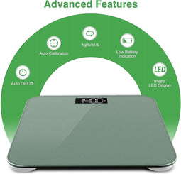 Personenweegschaal digitaal, personenweegschaal 180 kg, weegschaal personen met APP, zeer nauwkeurige sensoren, step-on techniek, LED-display, weegschaal incl. batterijen en meetlint - groen