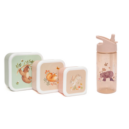 Petit Monkey Snackdozen + Drinkfles Bear and Friends/Humming Bear Back to School set - Linen White S