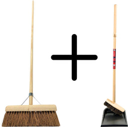 Synx Tools Coco bezem 30cm en Stoffer en blik met lange steel 97 cm - Paardenhaar / zaalveger - Classic - Hout/Metaal