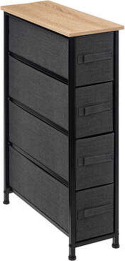 5Five Opbergmandkastje/badkamerkast - 4x manden - 20 x 48 x 77 cm - metaal/hout/stof - wielen - donkergrijs