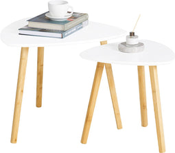 SoBuy FBT74-W - Bijzettafel Set van 2 - Wit Houten met Planken (2 stuks)