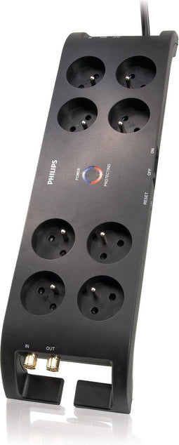 Philips 8-voudige Stekkerdoos - SPN5085B/19 - 230V - Type E - Zwart - Netspanningsbeveiliging - Coax- en Telefoonaansluitingen