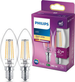 Philips energiezuinige LED Kaars Transparant - 40 W - E14 - warmwit licht - 2 stuks - Bespaar op energiekosten