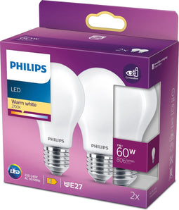 Philips energiezuinige LED Lamp Mat - 60 W - E27 - warmwit licht - 2 stuks - Bespaar op energiekosten