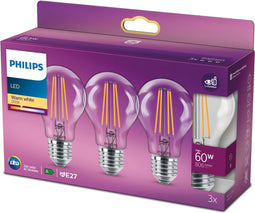 Philips energiezuinige LED Lamp Transparant - 60 W - E27 - warmwit licht - 3 stuks - Bespaar op energiekosten