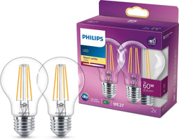 Philips energiezuinige LED Lamp Transparant - 60 W - E27 - warmwit licht - 2 stuks - Bespaar op energiekosten