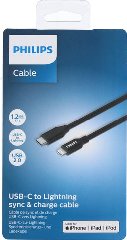 Philips - USB-A naar Lightning Kabel - DLC3106V/03 - 2 Meter Kabel - Opladen en Synchroniseren - Vervanging Apple Lightning Kabel - Zwart