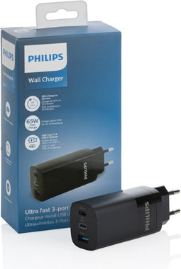 PHILIPS - USB Oplaadblok - DLP2681/03 - 230V - USB-A, USB-C1 en USB-C2 - Power Delivery - Snel Laden - Zwart