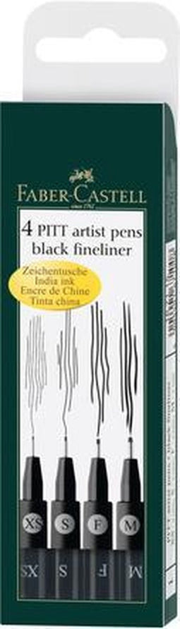 Faber-Castell tekenstift - fineliners- Pitt Artist Pen - etui 4 stuks M/F/S/XS - zwart - FC-167115