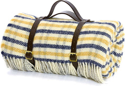 Picknickkleed Polo Geruit Geel blauw - Wol - Leren Draagset - Waterdicht - 145x183cm - Tweedmill