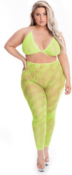 Pink Lipstick - Legging en bh-topje met cannabis motief Plussize neongroen - Groen