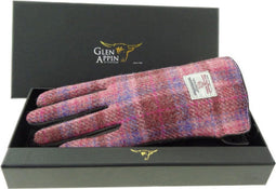 Dames Handschoenen Roze Geruit met Bruin Leer - Harris Tweed - Glen Appin of Scotland