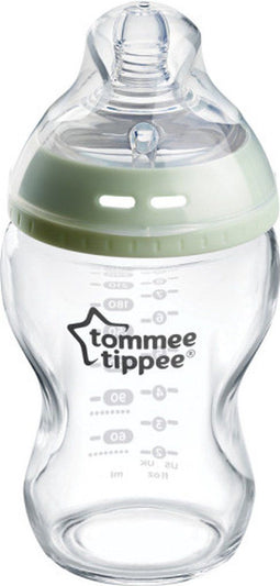 Tommee Tippee Natural Start glazen babyfles, tepelvormig voor natuurlijk zuigen, anti-koliek ventiel met langzame uitstroomsnelheid, bpa-vrij babyflessen, flesvoeding, 250 ml, 1 stuk, doorzichtig