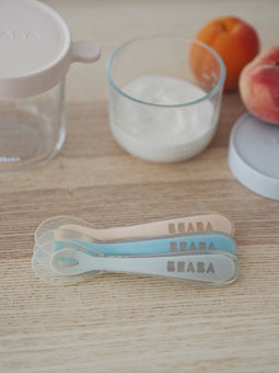 Béaba Siliconen Baby Lepels - Set van 2 - Zacht & Ergonomisch - Blauw/Grijs
