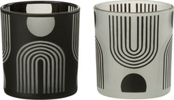 J-Line windlicht Nordic - glas - mat/zwart/wit - 2 stuks