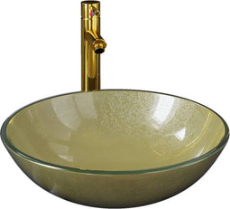 vidaXL - Wastafel - met - kraan - en - pop-up - afvoer - gehard - glas - goudkleurig